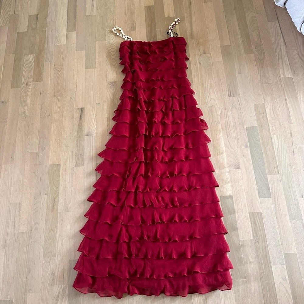 Vintage David's Bridal 100%silk Ruffled Tiered Maxi Gown